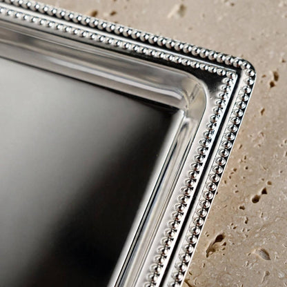 Classic All-Silver Stainless Steel Rectangular Serving Tray with Beaded Pearl Rim – 50 × 35 cm