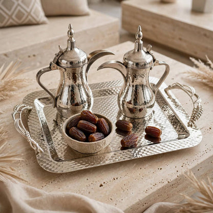 Artisanal All-Silver Stainless Steel Serving Tray with Hammered Finish & Sculpted Wheat Sheaf Handles – 42 × 26 cm
