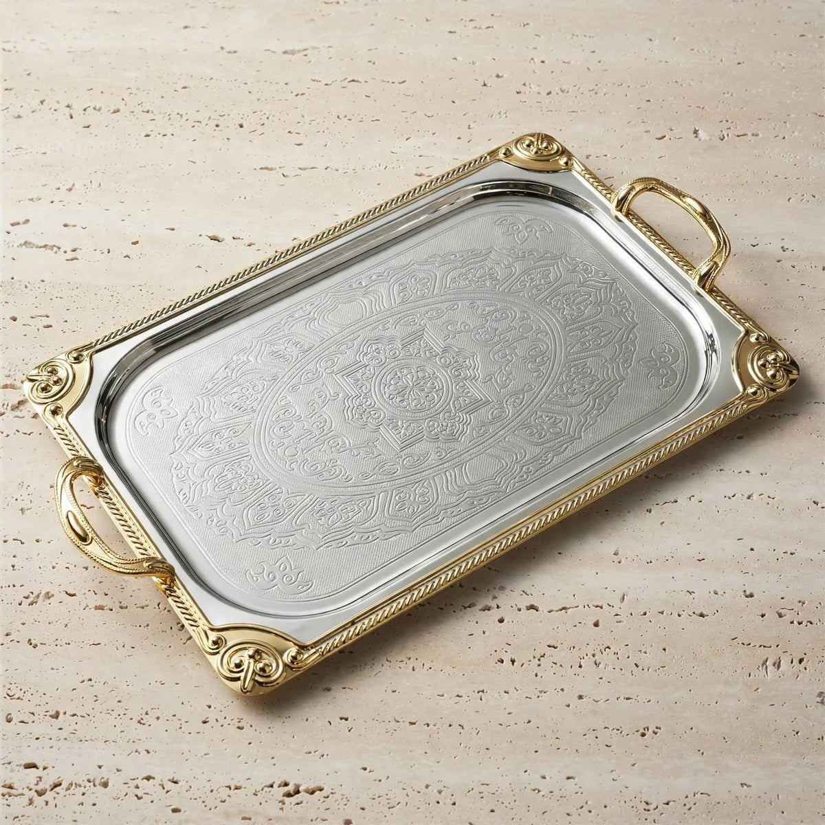 Grand Royal Dual-Tone Stainless Steel Serving Tray with Deep Arabesque Etching & Gilded Baroque Corners – 66 × 47 cm