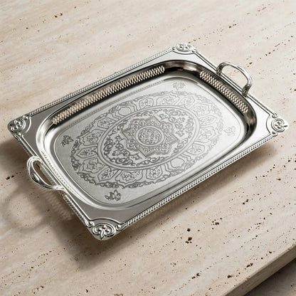 Grand All-Silver Baroque Stainless Steel Serving Platter with Arabesque Etching & Pierced Gallery Rim – 62 × 40 cm
