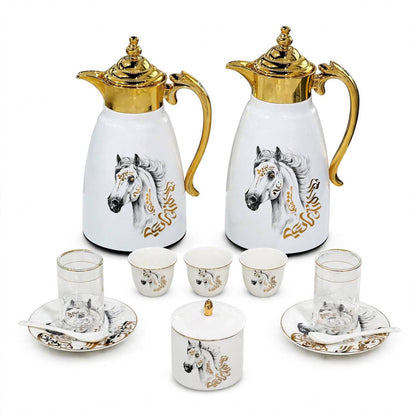 Royal Arabian Stallion 27-Piece Tea & Coffee Hospitality Set with Gilded Accents & Dual Thermal Carafes