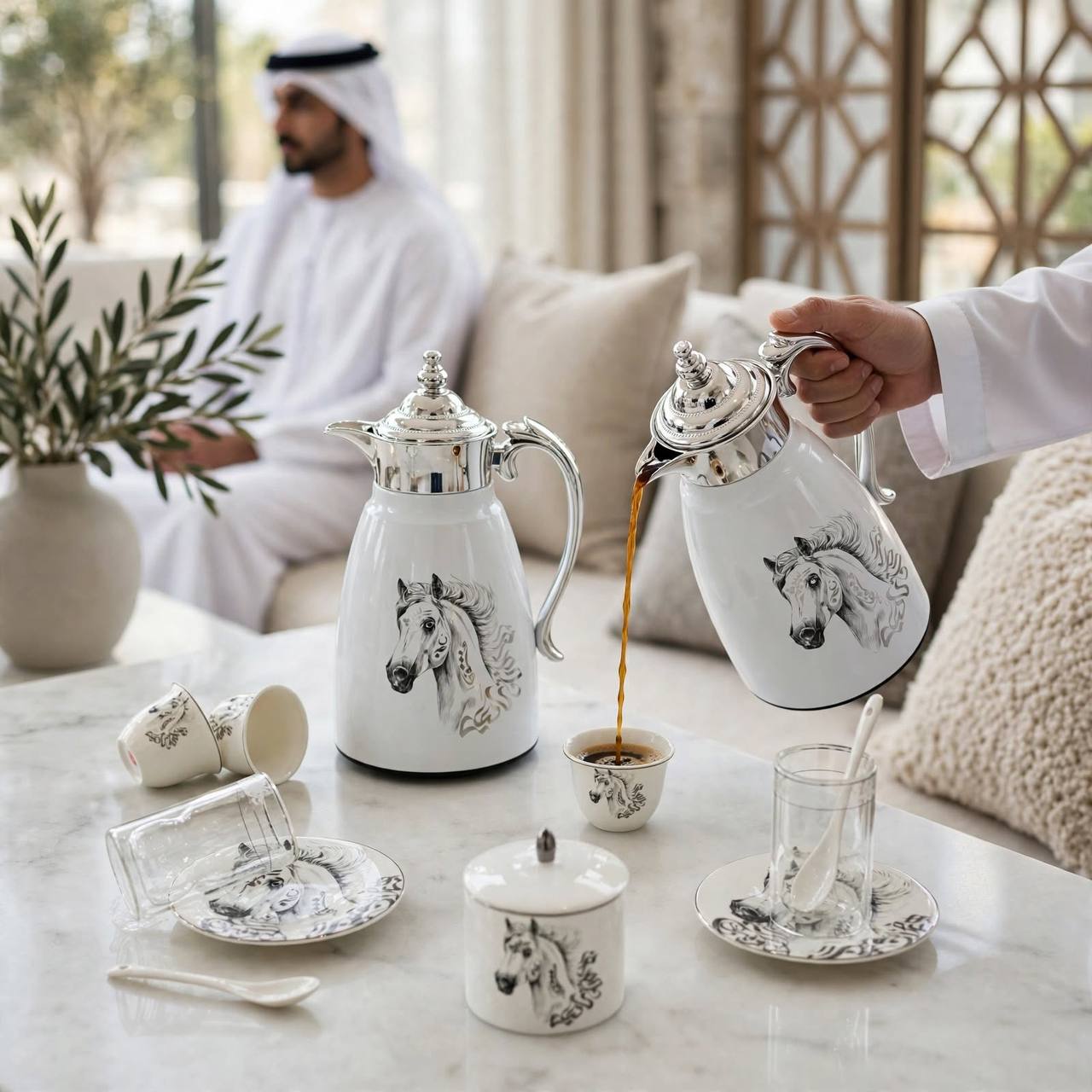 Royal Arabian Stallion 27-Piece Tea & Coffee Hospitality Set with Mirror Chrome Accents & Dual Thermal Carafes
