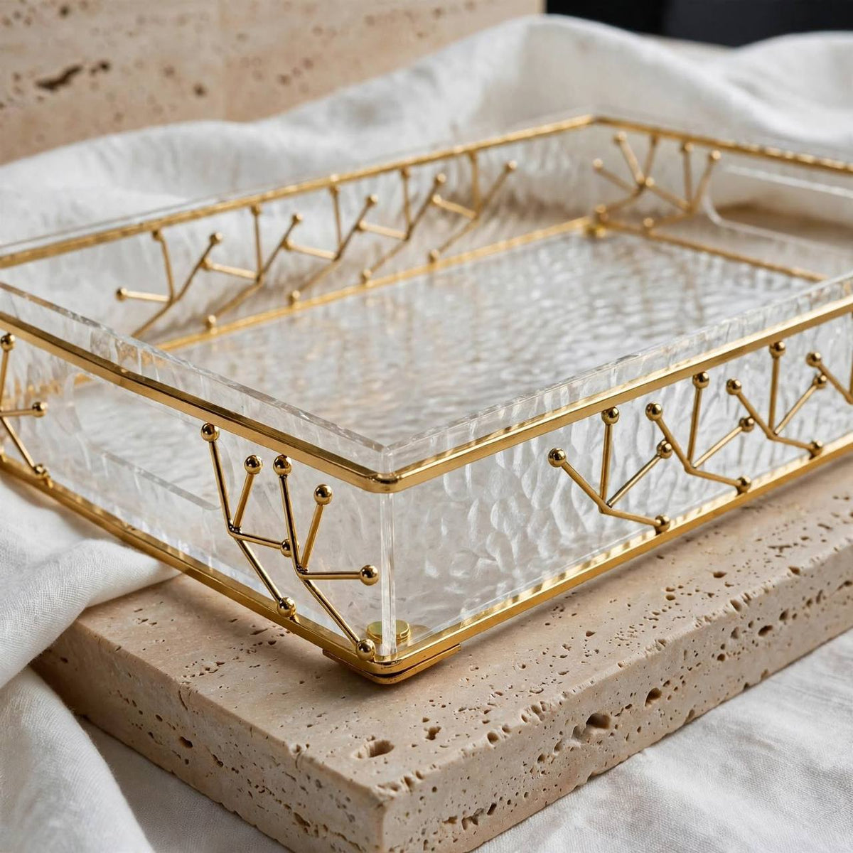Modern Water-Ripple Acrylic Serving Tray with Geometric Gilded Metal Gallery & Cutout Handles – 35 × 25 cm - Mawaeen