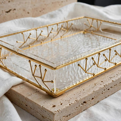 Modern Water-Ripple Acrylic Serving Tray with Geometric Gilded Metal Gallery & Cutout Handles – 35 × 25 cm - Mawaeen