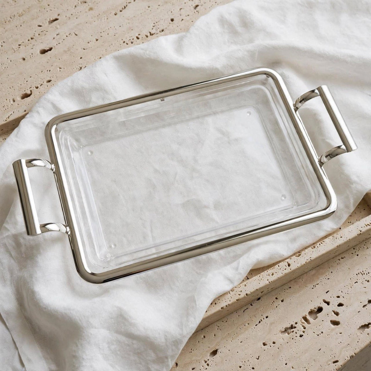 Modern Minimalist Clear Acrylic Serving Platter with Chrome Rim & Angular Metal Handles – 45 × 26 cm