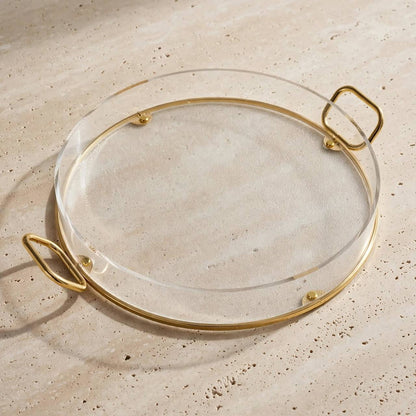 Luxury Round Clear Acrylic Serving Platter with Gilded Frame & Loop Handles – 49 × 40 cm