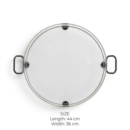 Modern Round Clear Acrylic Serving Platter with Mirror Chrome Frame & Loop Handles – 44 × 36 cm
