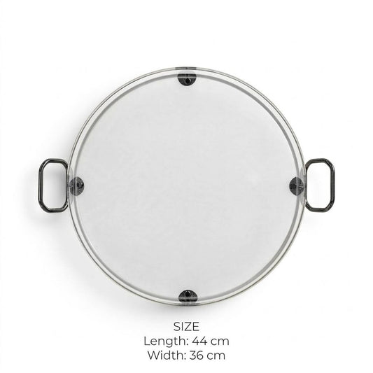 Modern Round Clear Acrylic Serving Platter with Mirror Chrome Frame & Loop Handles – 44 × 36 cm