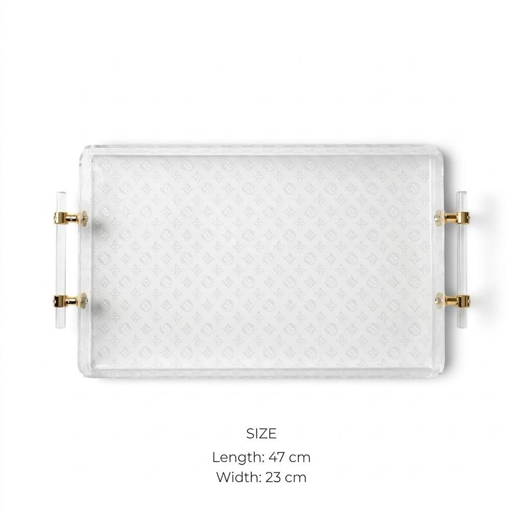 Luxury Monogram Pattern Clear Acrylic Serving Platter with Cylindrical Handles & Polished Gold Hardware – 47 × 23 cm