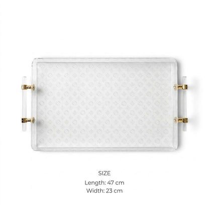 Luxury Monogram Pattern Clear Acrylic Serving Platter with Cylindrical Handles & Polished Gold Hardware – 47 × 23 cm