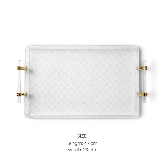 Luxury Monogram Pattern Clear Acrylic Serving Platter with Cylindrical Handles & Polished Gold Hardware – 47 × 23 cm