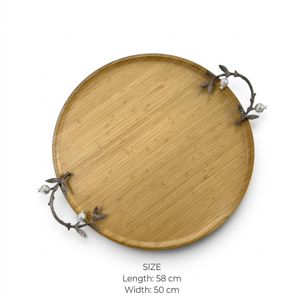 Round Natural Wood Serving Platter with Silver Pomegranate Branch Handles – 58 × 50 cm