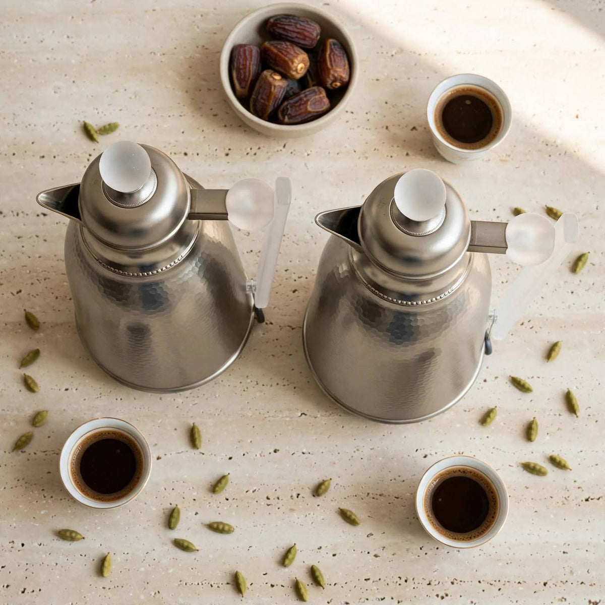 Hammered Matte Silver Vacuum Flask Set with Clear Handles – 1L & 0.75L