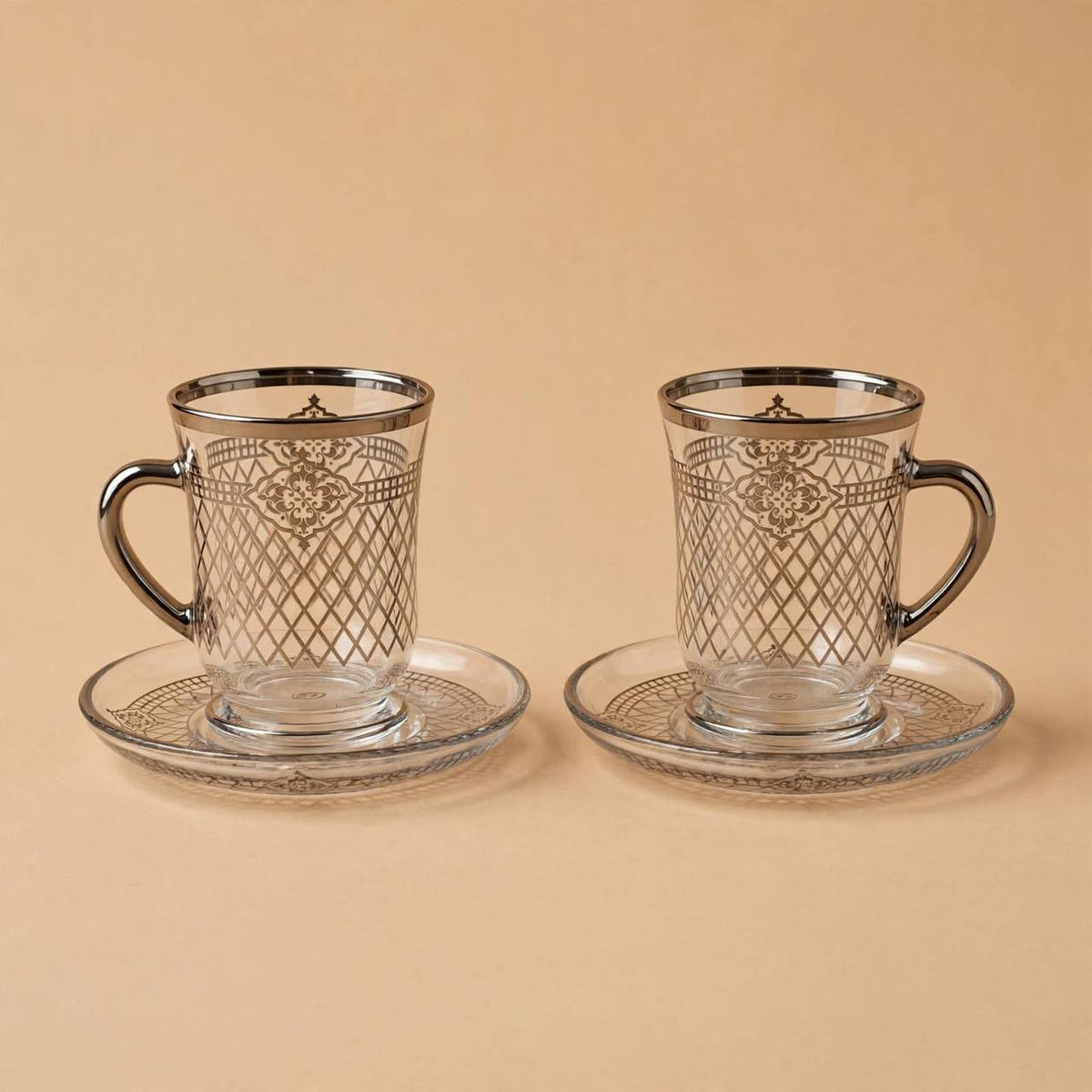 Glass Tea Cups & Saucers 12 Pcs Set Silver Pattern