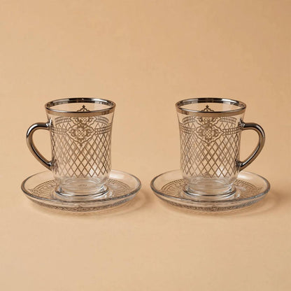 Glass Tea Cups & Saucers 12 Pcs Set Silver Pattern