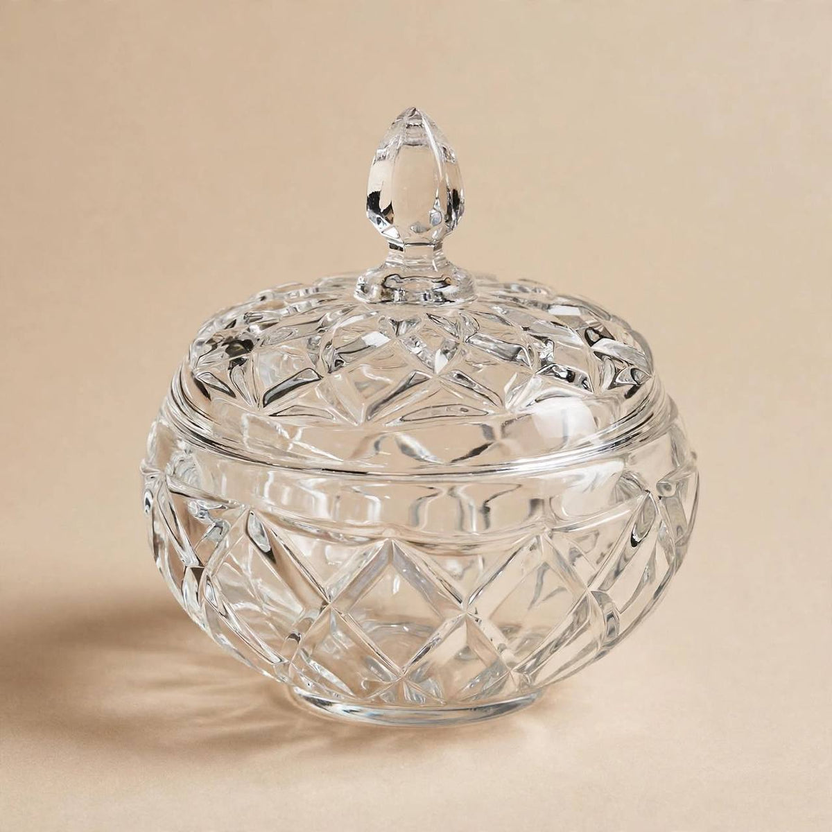 Round Faceted Crystal Glass Sugar & Candy Bowl with Lid – 12x11cm
