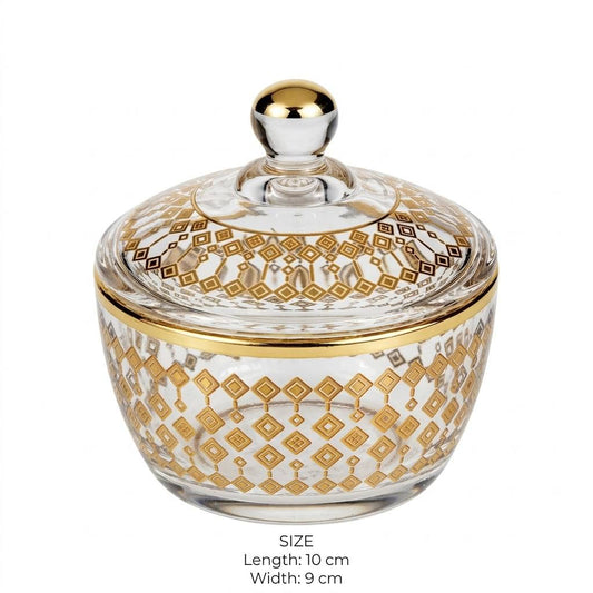 All-Gold Geometric Patterned Glass Sugar Bowl with Lid – 10x9cm