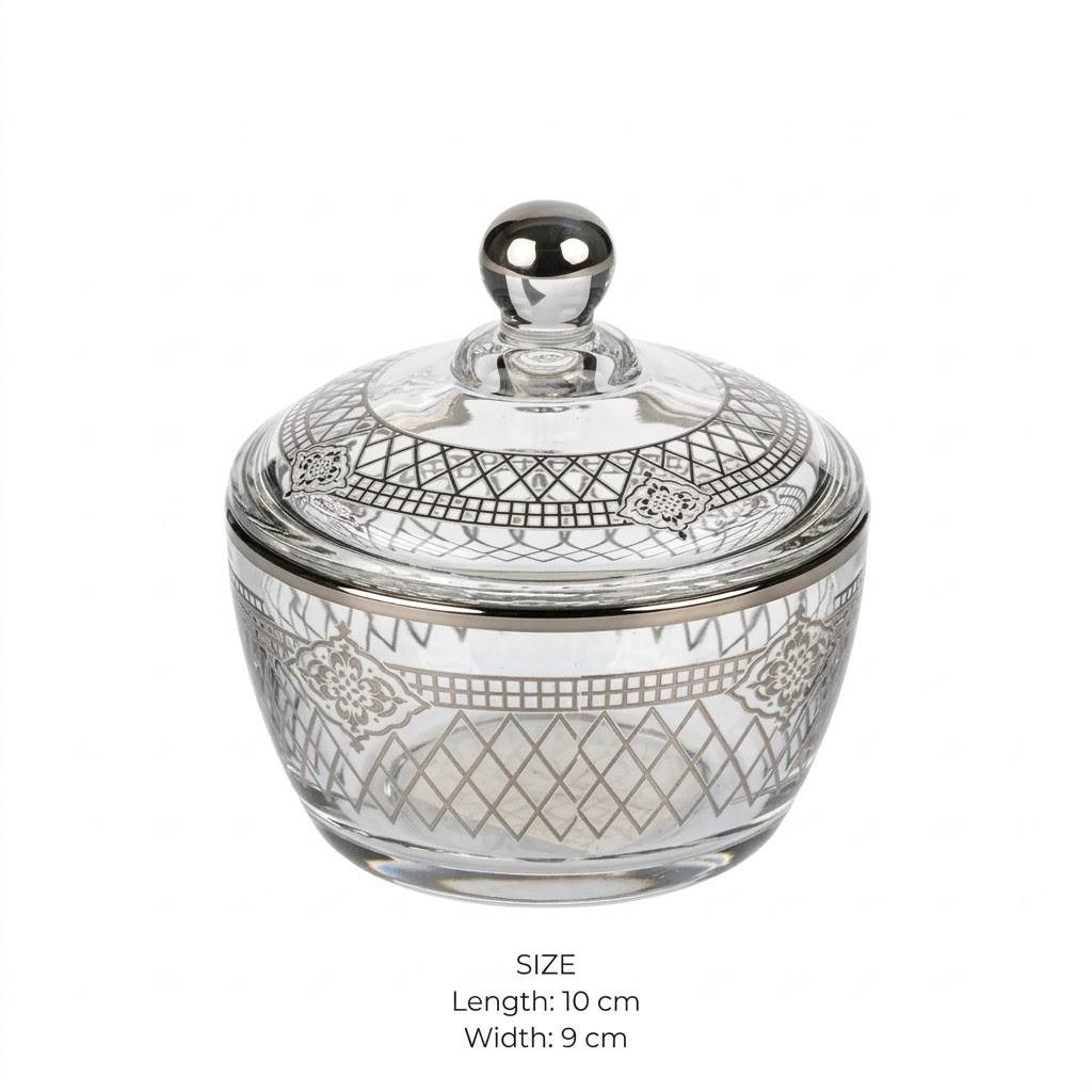 Royal Silver Filigree Patterned Glass Sugar Bowl with Lid – 10x9cm