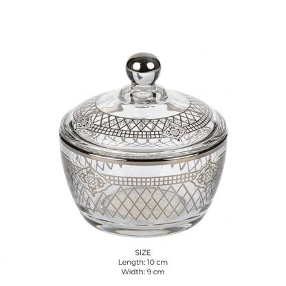 Royal Silver Filigree Patterned Glass Sugar Bowl with Lid – 10x9cm