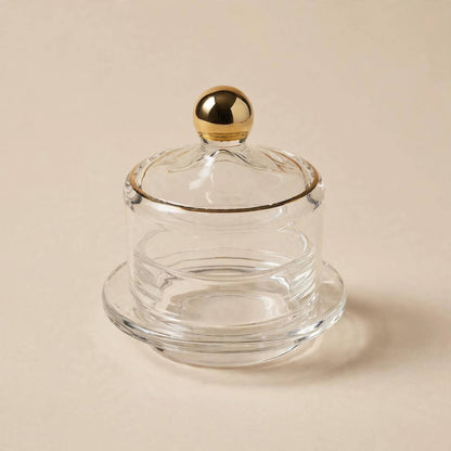 Gold Trim Glass Cloche Sugar Bowl with Saucer – 10x9cm