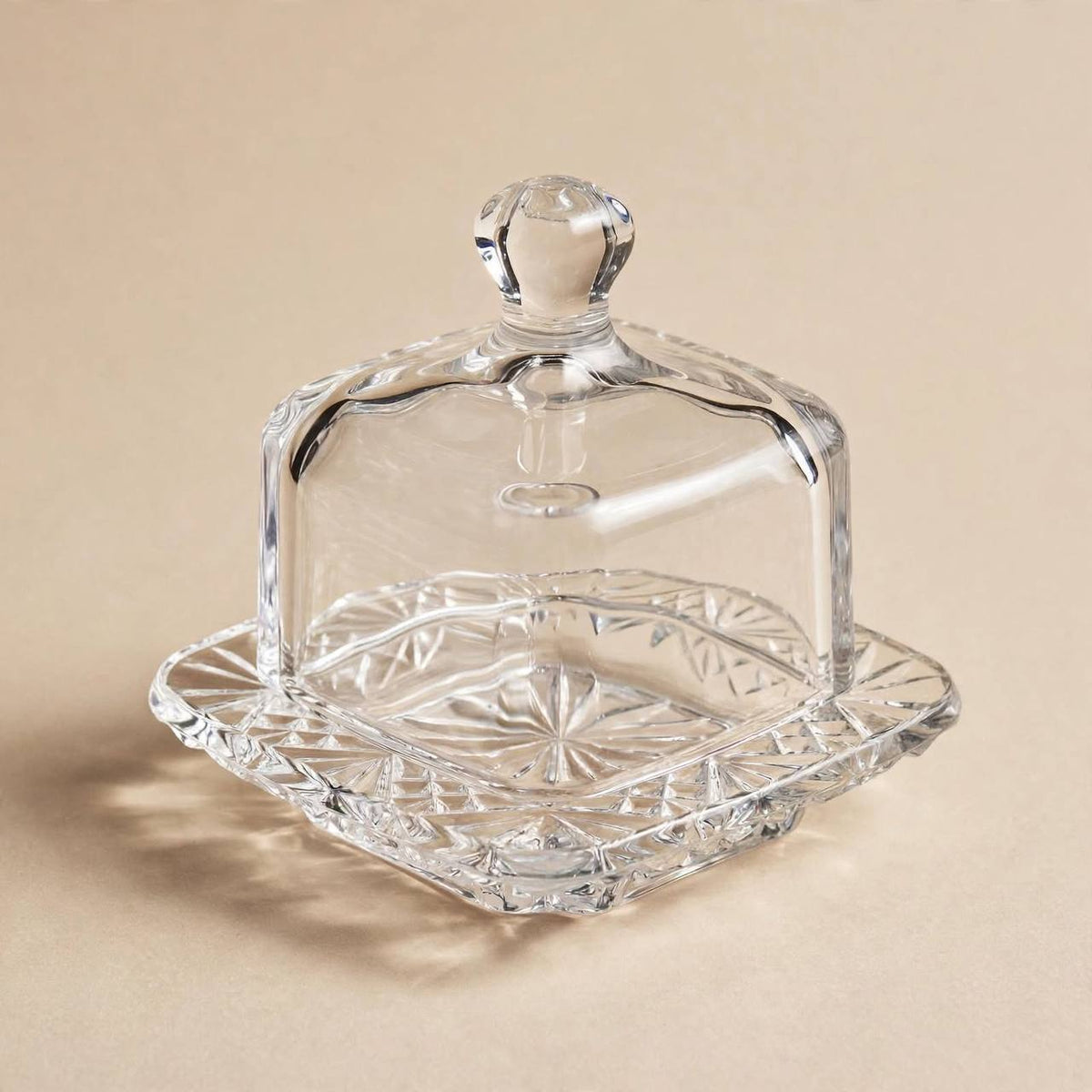 Square Crystal Glass Cloche Sugar & Butter Dish with Lid – 11x10cm