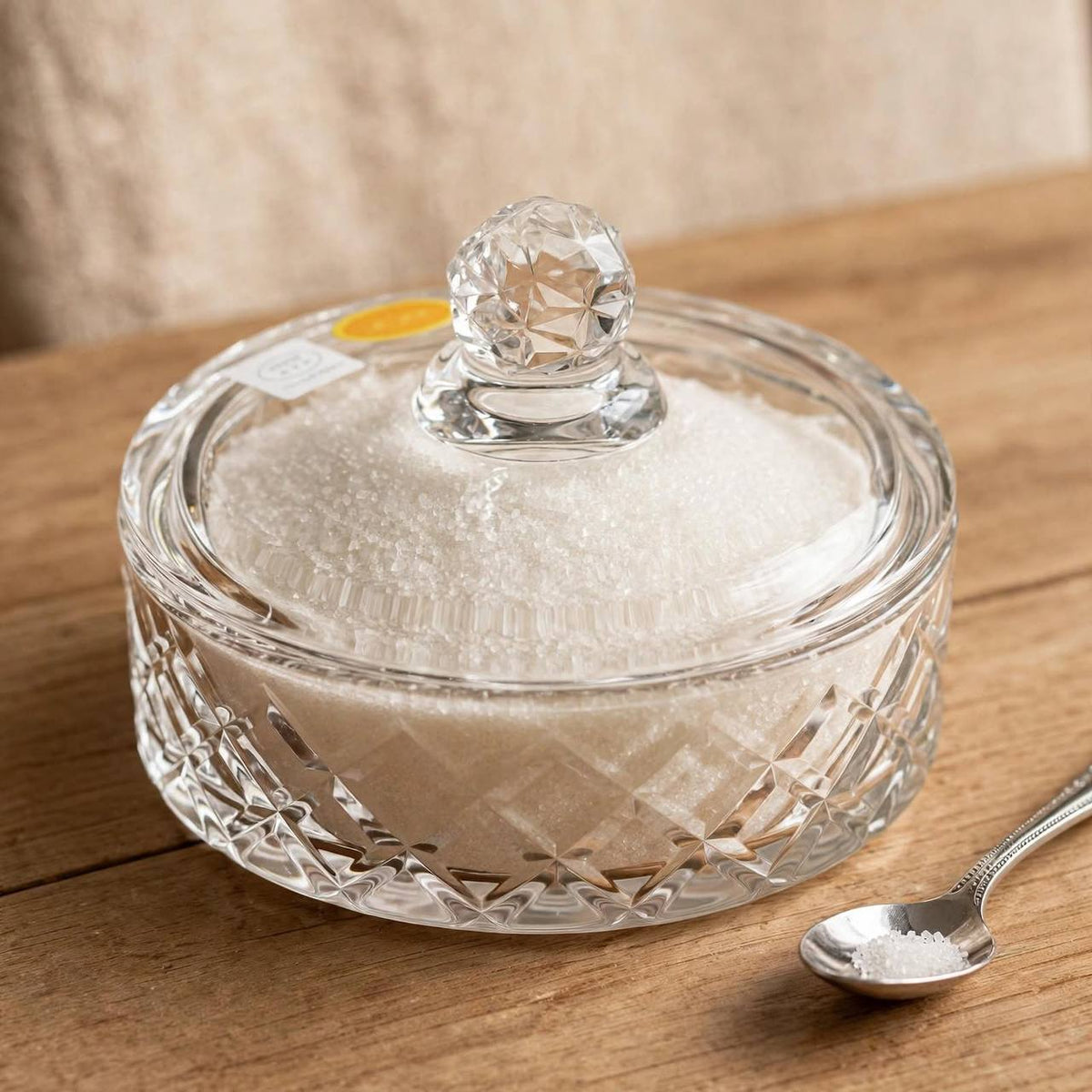 Wide Diamond Cut Crystal Glass Sugar Bowl with Lid – 9x13cm