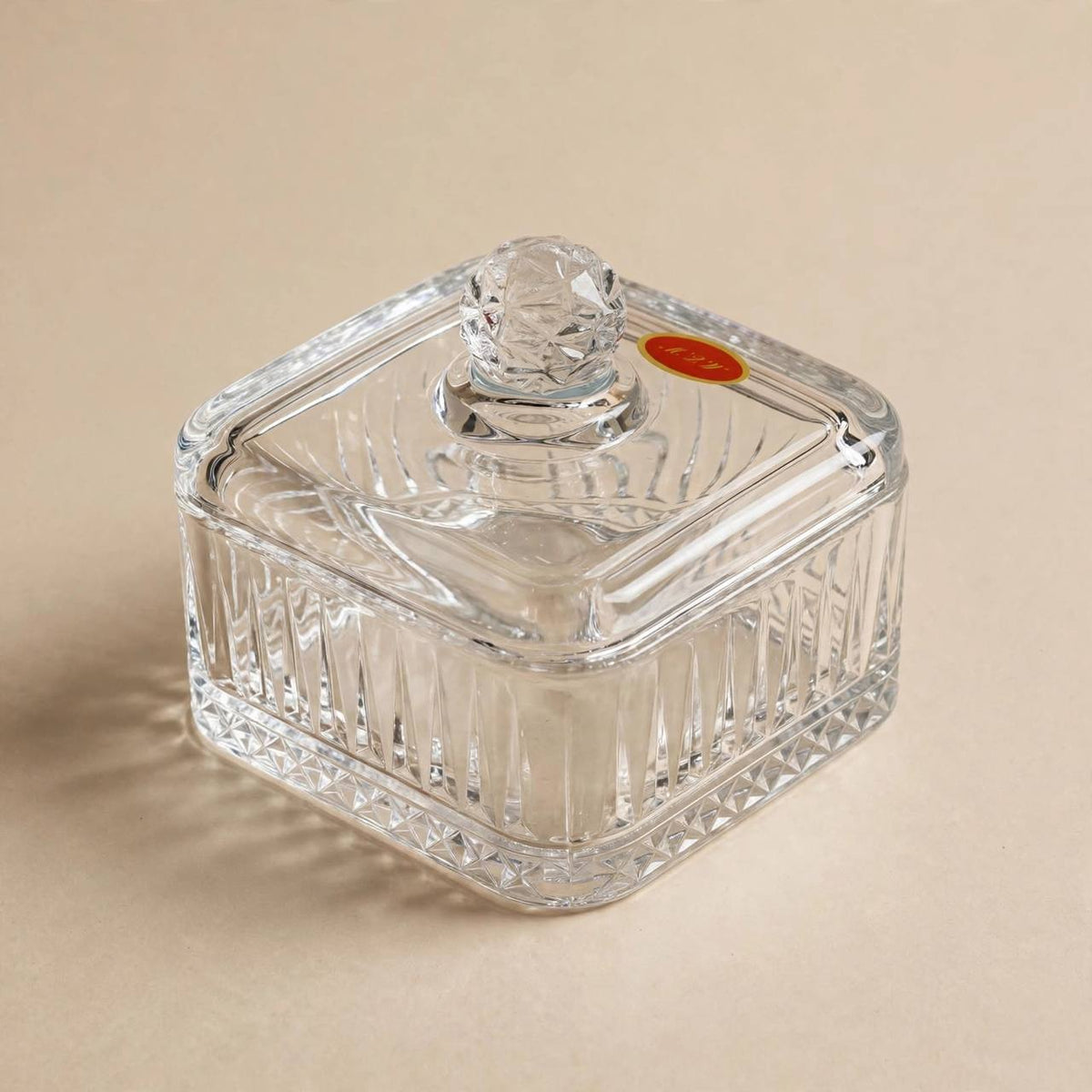Square Ribbed Crystal Glass Sugar Bowl with Lid – 10x11cm