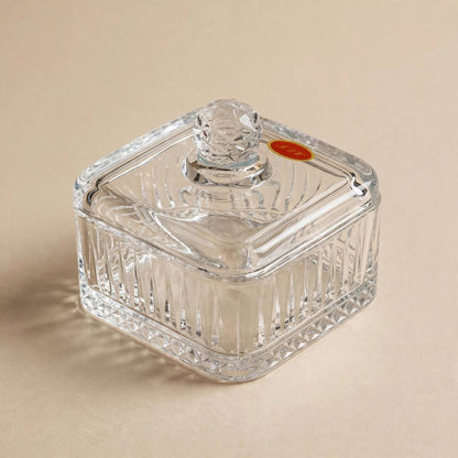 Square Ribbed Crystal Glass Sugar Bowl with Lid – 10x11cm