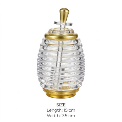 Luxury Gold Trim Acrylic Beehive Honey Jar with Integrated Dipper – 15x7.5cm