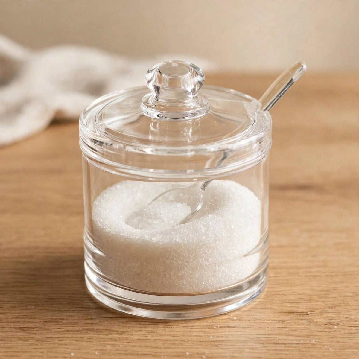 Shatterproof Clear Cylindrical Acrylic Sugar Pot with Lid & Spoon – 11x8cm