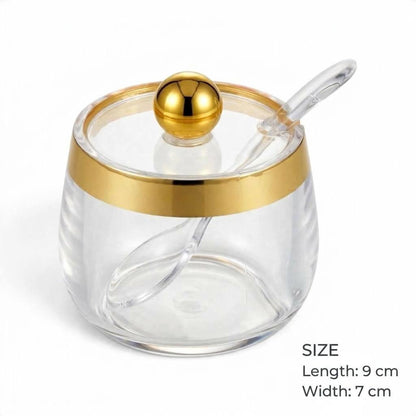 Modern Clear Acrylic Sugar Pot with Wide Gold Rim, Sphere Lid & Spoon – 9x7cm