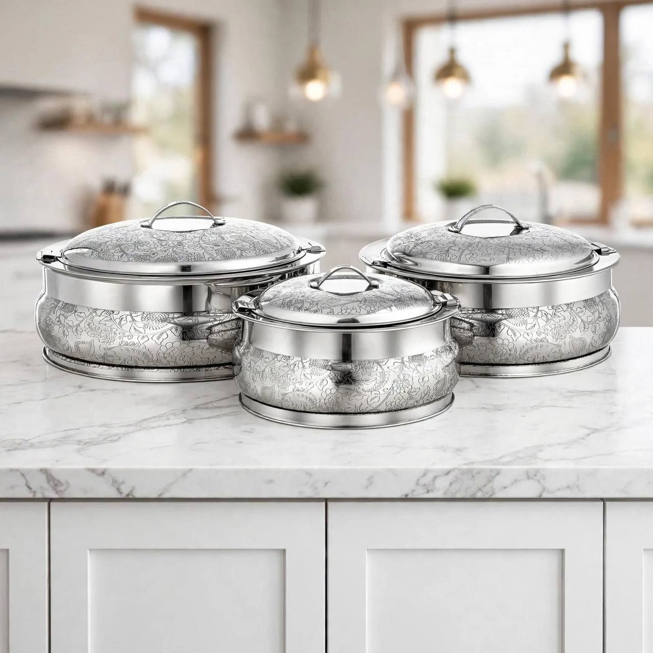 Al Marjan 3-Piece Deluxe Floral Etched Hotpot Serving Set in Silver (2.5L, 4.8L, 6L)