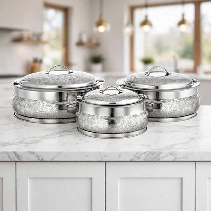 Al Marjan 3-Piece Deluxe Floral Etched Hotpot Serving Set in Silver (2.5L, 4.8L, 6L)