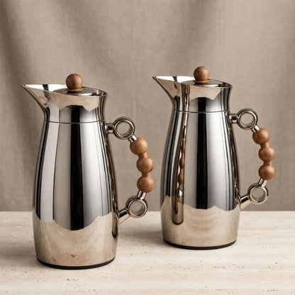 MAHRA Chrome & Wood-Accented 2-Piece Thermal Coffee & Tea Dallah Set (1L + 1L)