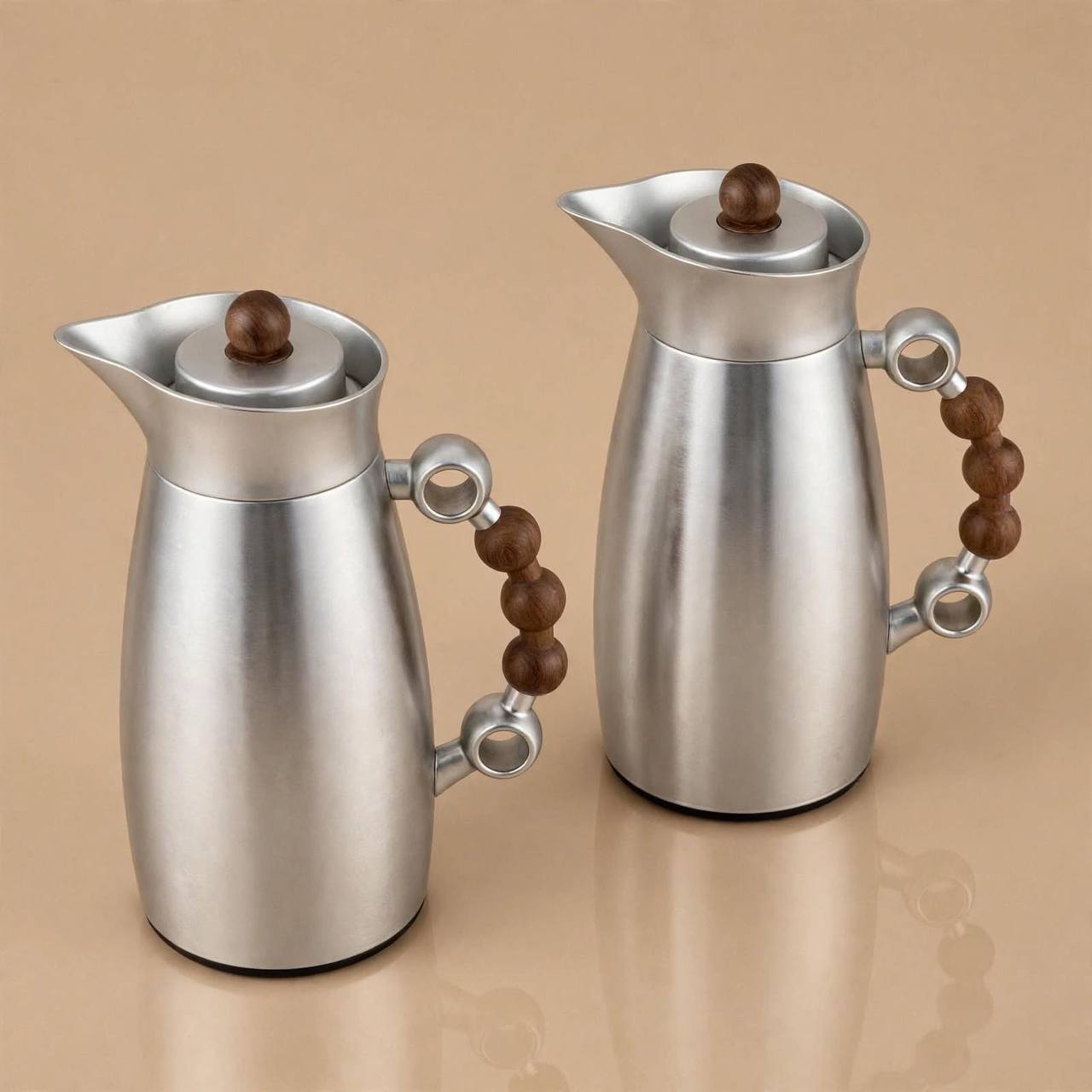 MAHRA Matt Silver & Wood 2-Piece Thermal Coffee & Tea Dallah Set (1L + 1L)