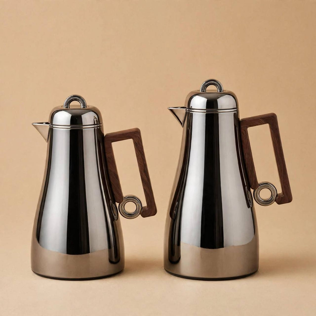 Al Marjan Chrome & Wood 2-Piece Thermal Coffee & Tea Dallah Set (1L + 0.70L)