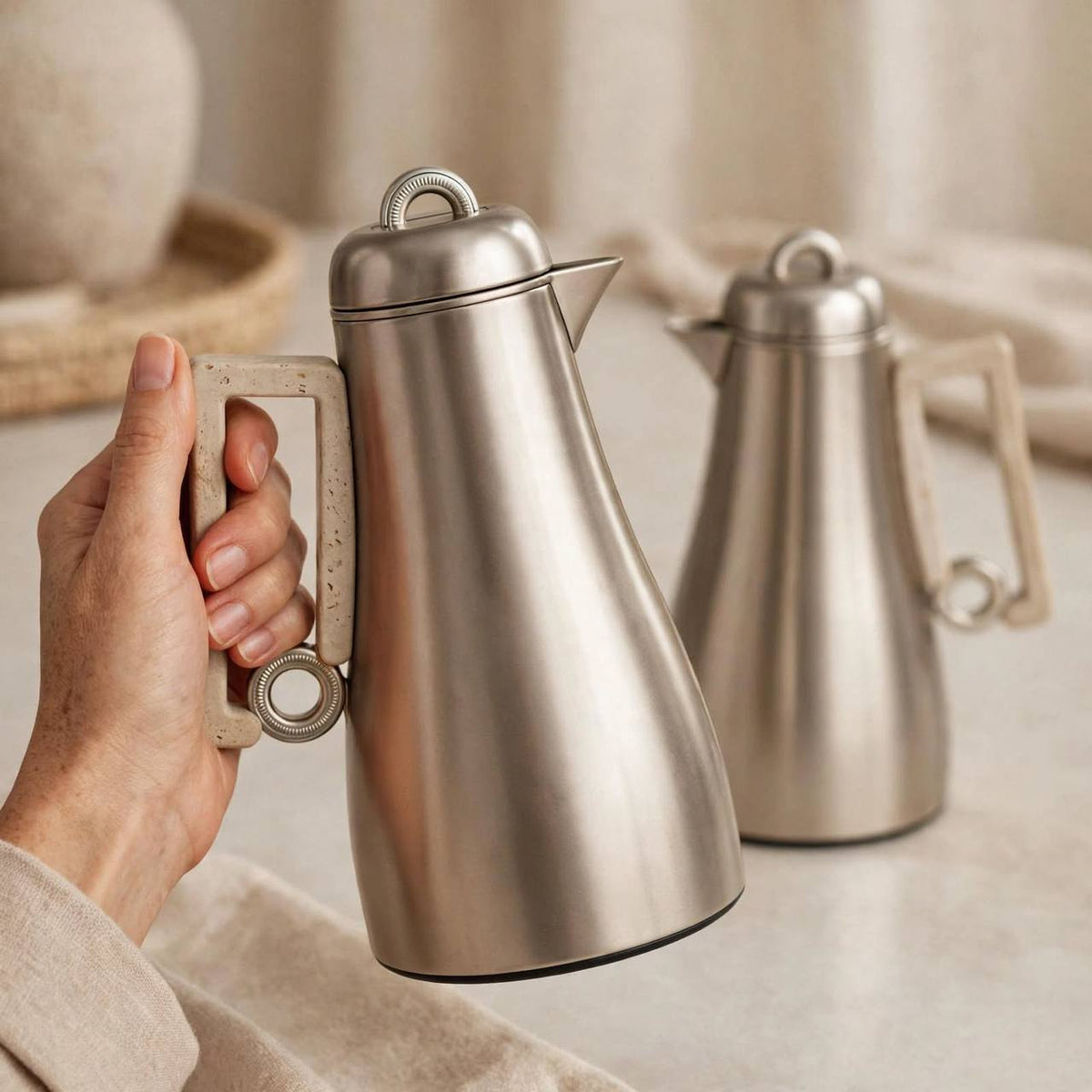 Al Marjan Matt Silver & Marble 2-Piece Thermal Coffee & Tea Dallah Set (1L + 0.70L)