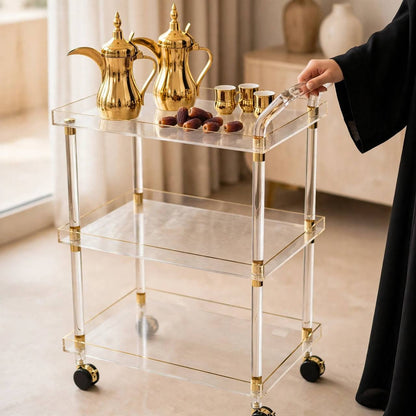 3-Tier Luxury Clear Acrylic & Gold Hospitality Serving Trolley