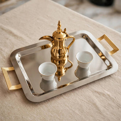 Modern Dual-Tone Stainless Steel Serving Tray with Gilded Fluted Art Deco Handles – 59 × 32 cm