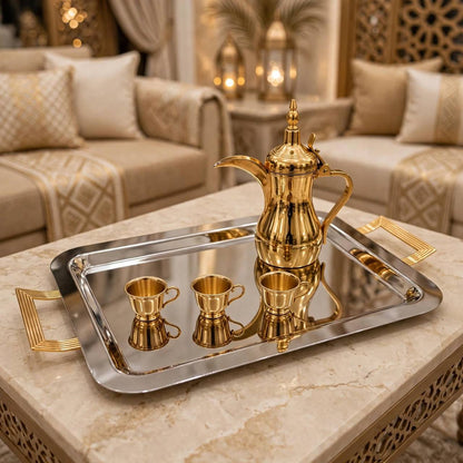 Modern Dual-Tone Stainless Steel Serving Tray with Gilded Fluted Art Deco Handles – 59 × 32 cm
