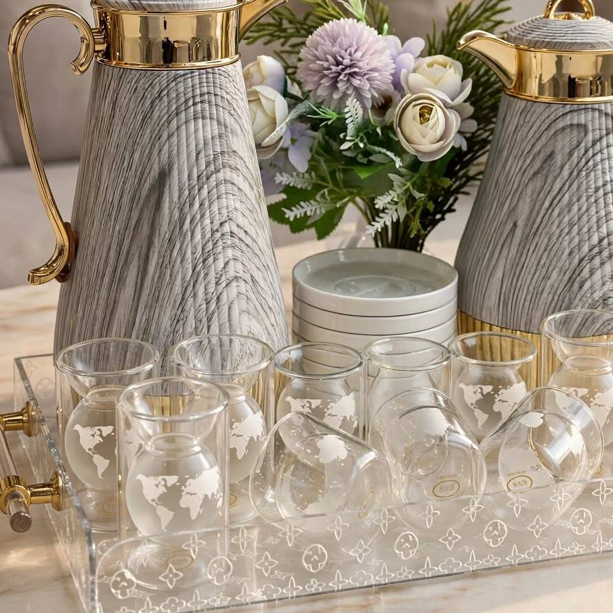 Marble Gray & Gold Tea & Coffee Set with Clear Acrylic Tray & Floral Accent