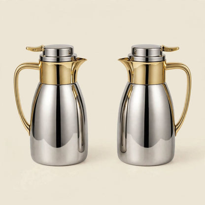 Royal Dual-Tone Chrome & Gold Tea and Coffee Hospitality Set with Gilded Palm Glassware, Baroque Tray & Crimson Bouquet