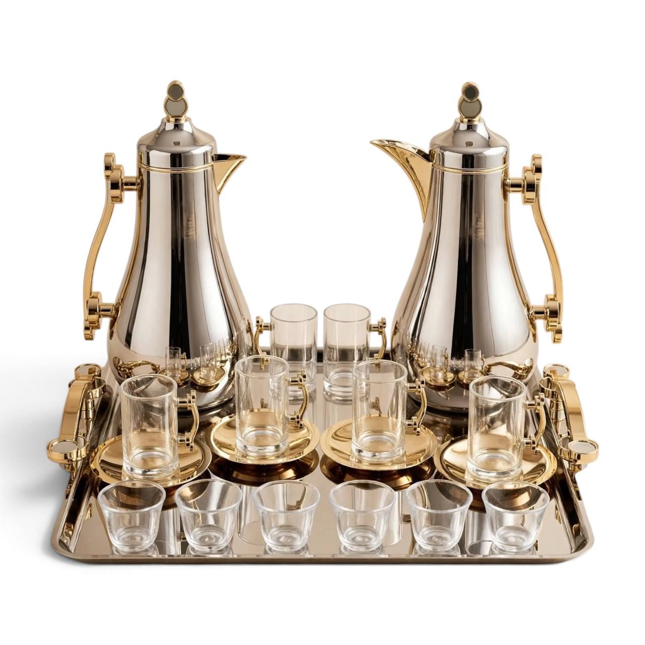 Mahra Silver & Gold Tea & Coffee Hospitality Set – 1.0L & 1.0L Thermal Carafes with 6 Handled Tea Glasses, Saucers, Cawa Cups & Serving Tray