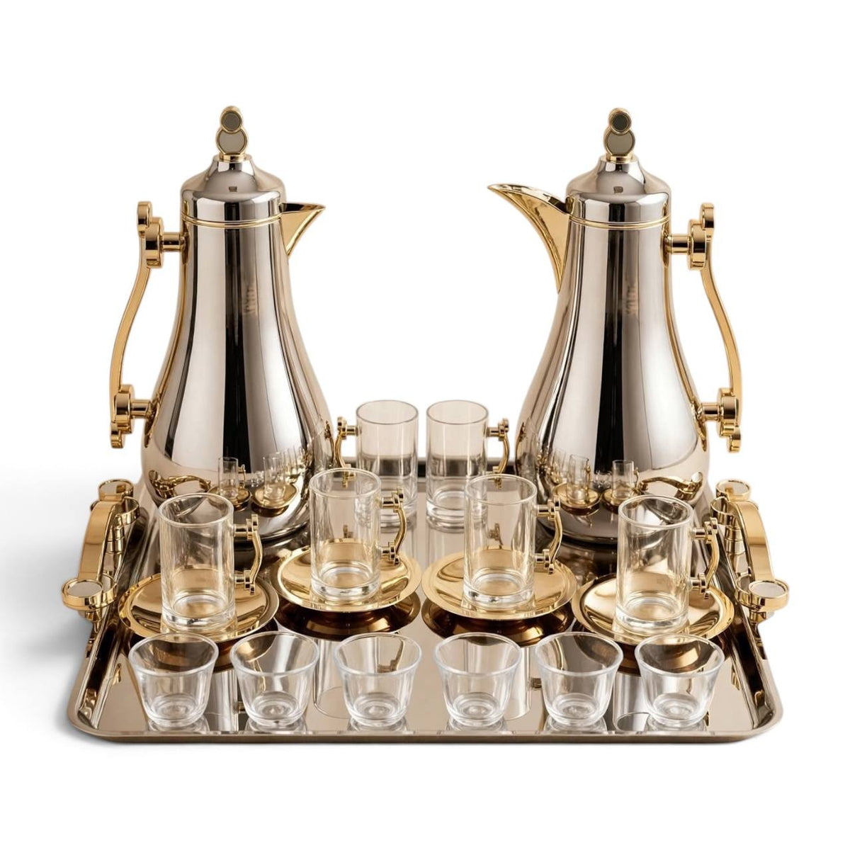 Mahra Silver & Gold Tea & Coffee Hospitality Set – 1.0L & 1.0L Thermal Carafes with 6 Handled Tea Glasses, Saucers, Cawa Cups & Serving Tray