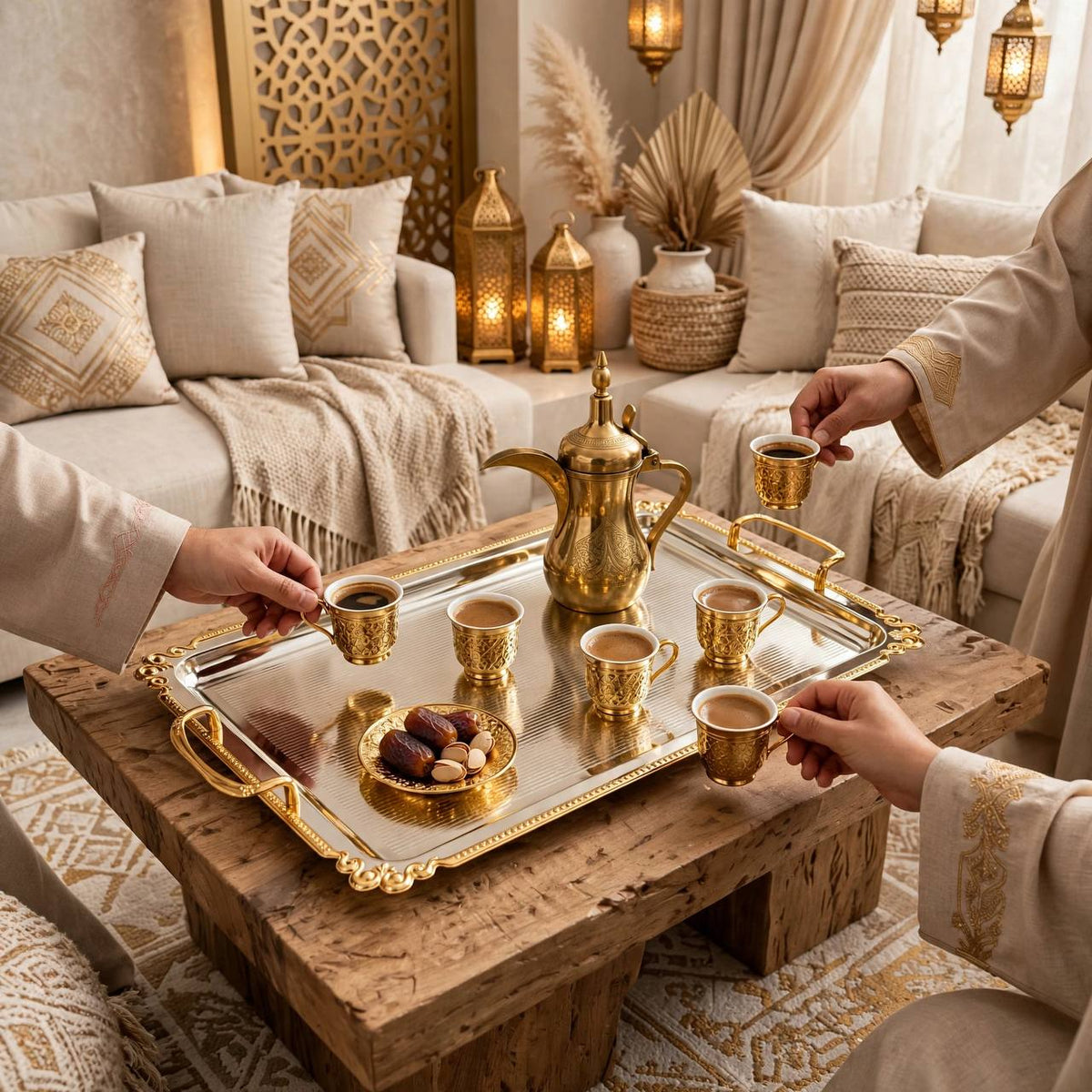 Royal Fluted Stainless Steel Serving Tray with Gilded Baroque Rim & Handles – 55 × 32 cm