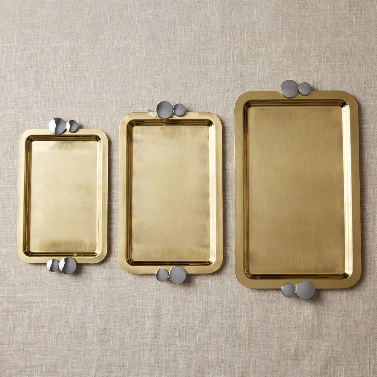 Royal Dual-Tone Gilded Stainless Steel 3-Piece Serving Tray Set with Modern Silver Disc Handles