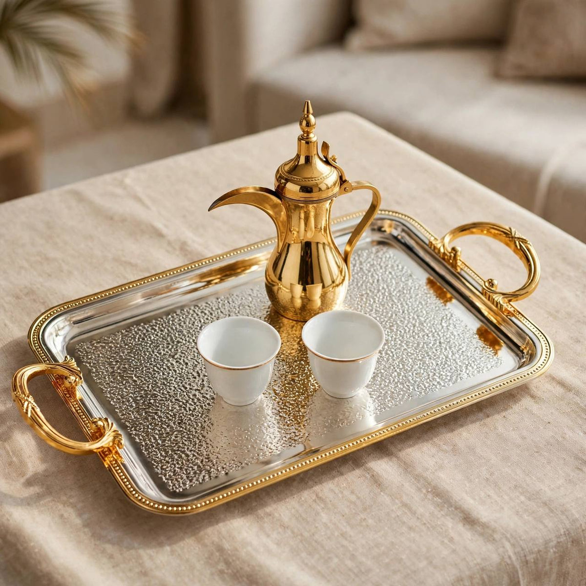 Royal Dual-Tone Stainless Steel Serving Platter with Hammered Base & Gilded Beaded Rim