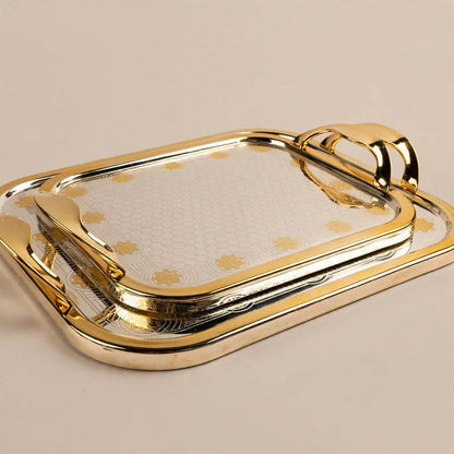 Royal Dual-Tone Stainless Steel 2-Piece Serving Tray Set with Honeycomb Pattern, Golden Floral Accents & Integrated Handles