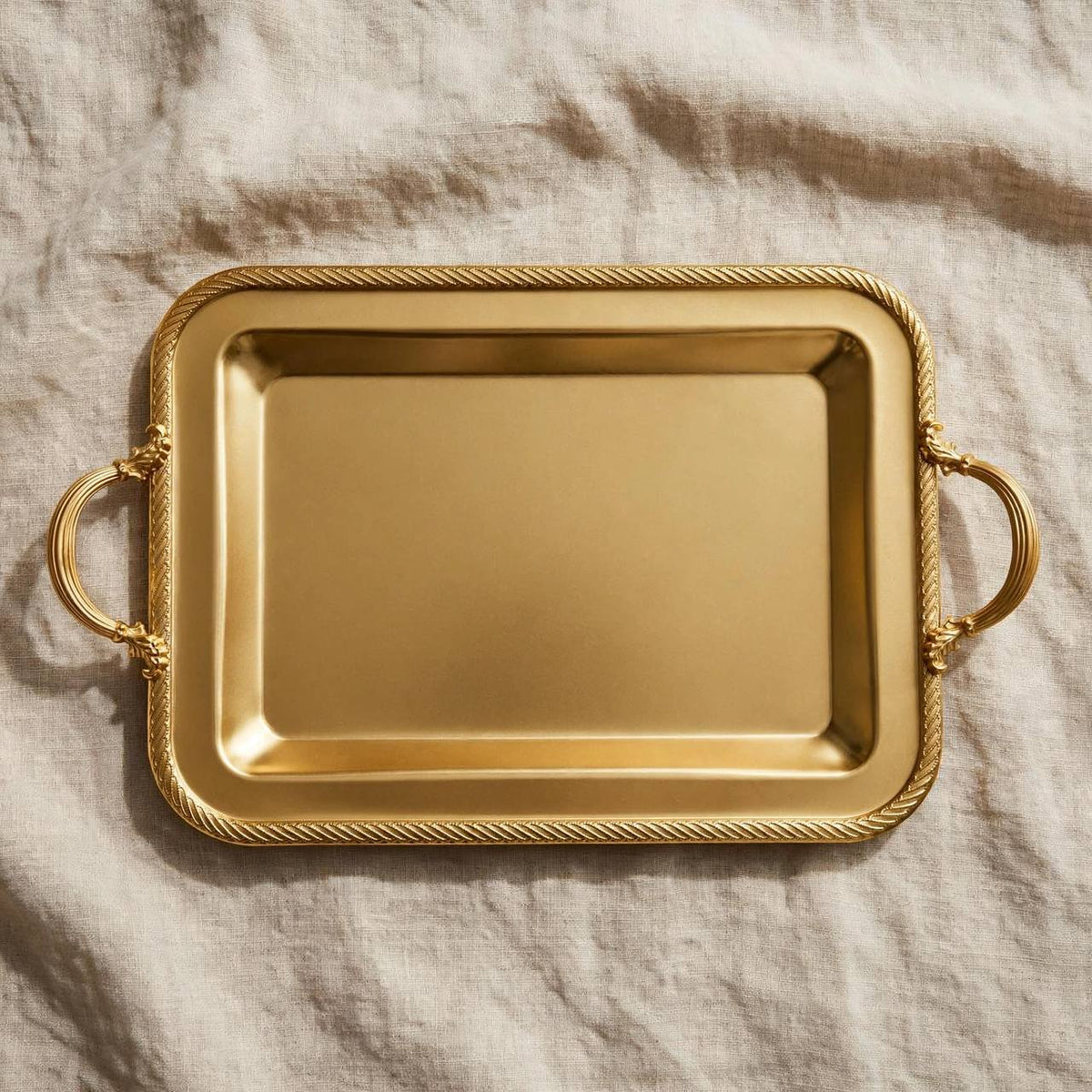 Royal Gilded Stainless Steel Serving Platter with Braided Rope Rim & Baroque Handles