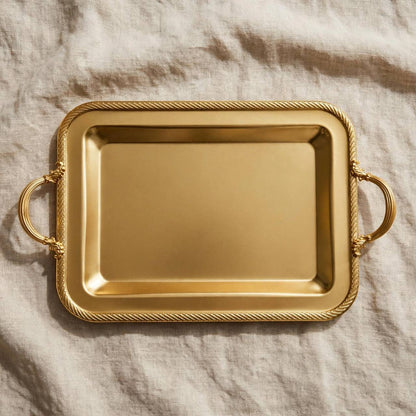 Royal Gilded Stainless Steel Serving Platter with Braided Rope Rim & Baroque Handles